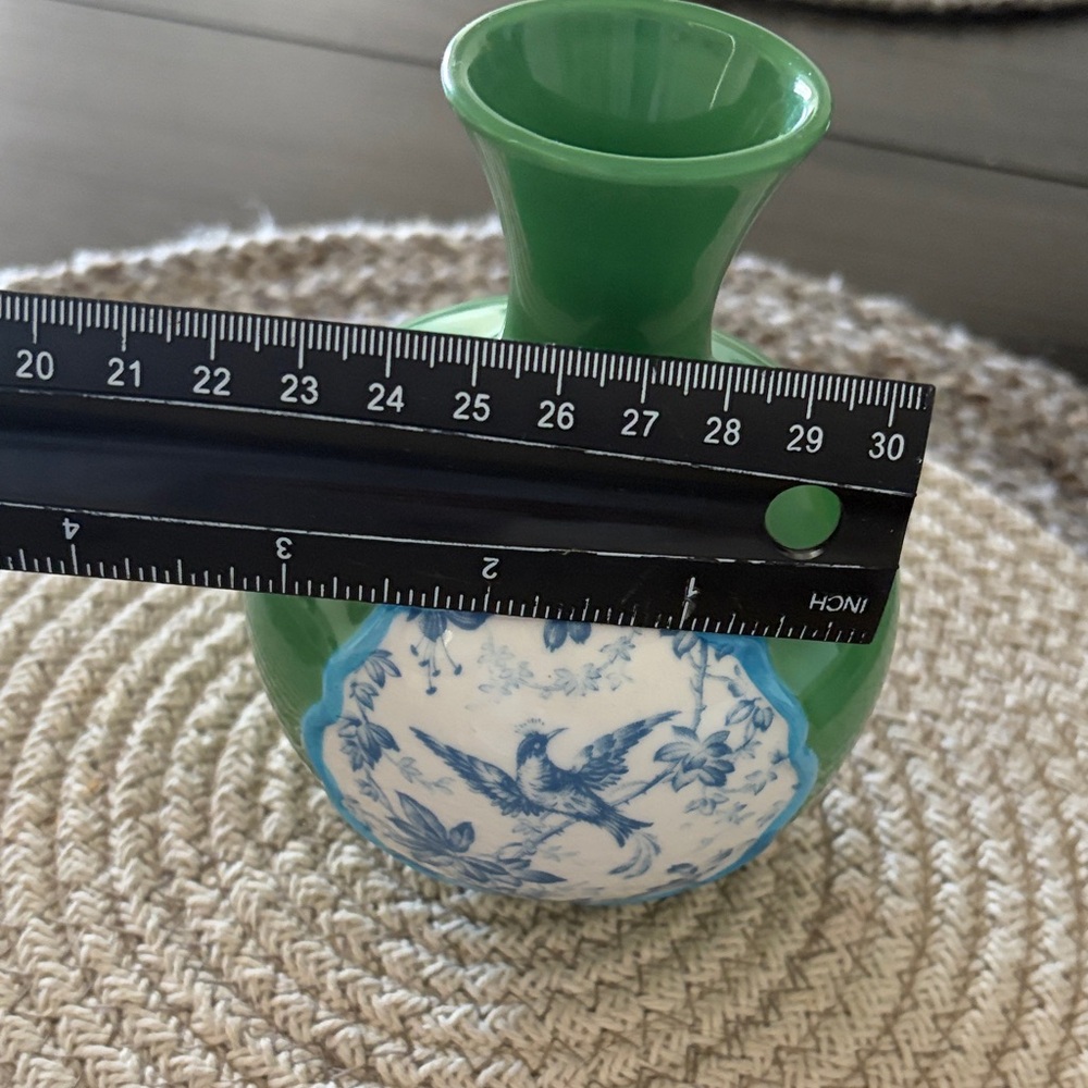 Green Ceramic Accent Vase with Blue Floral Bird Medallion - Picture 7 of 7